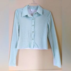 Y2k Green Plaid Flared Long-sleeve Cropped Button-down